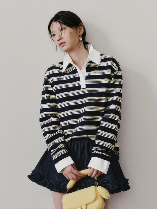 Polo Collar Striped Half Placket Cotton T-Shirt