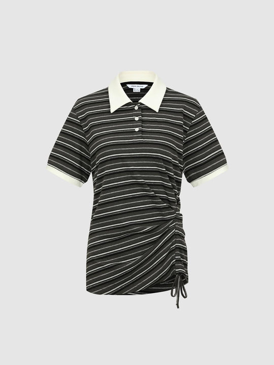 Polo Neck Drawstring Striped T-Shirts