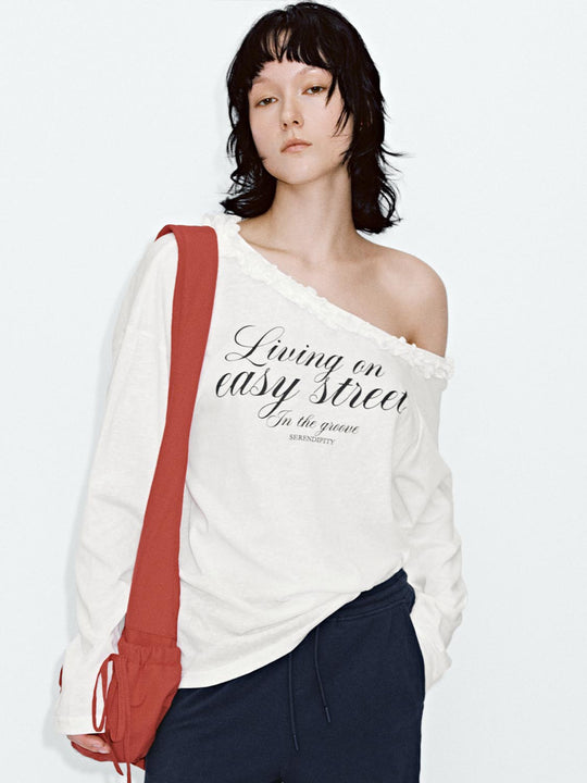 Ruffle Trim One Shoulder Printed Long Sleeve T-Shirts