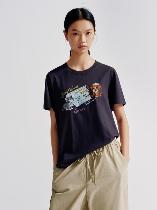 100 Percent Cotton Graphic Cat Print T Shirt