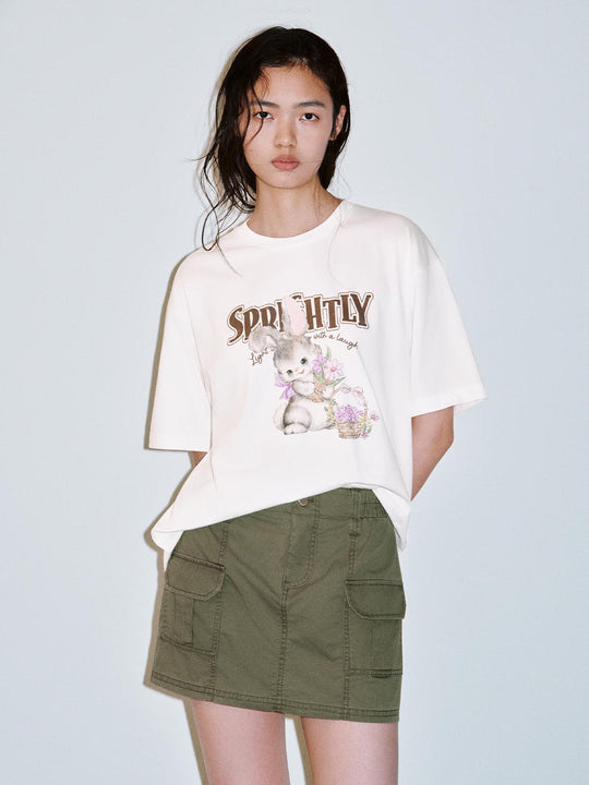 Cotton Graphic Rabbit Flower Print T-Shirts