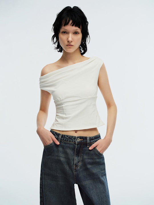 Cotton Elastane Draped One-Shoulder Silky Top