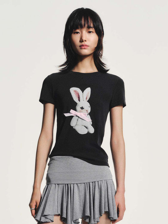 Bunny Graphic With Ribbon Detail And Subtle Texture On Slight Stretch T-Shirt
