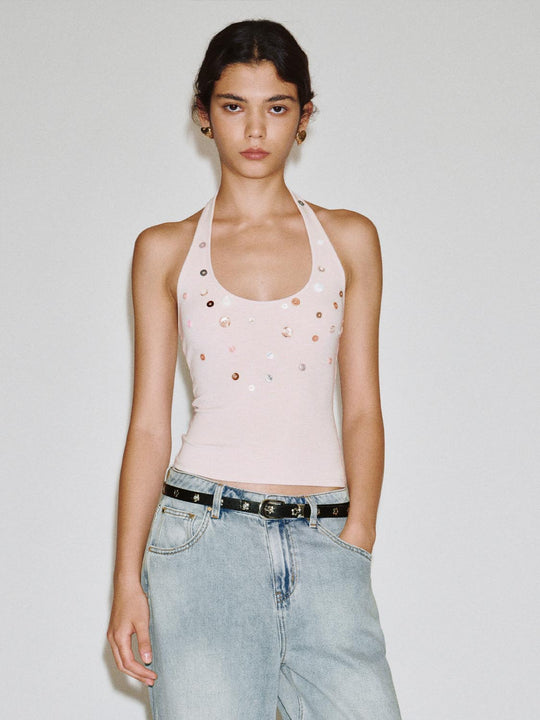 Embellished Halter Neck Fitted Sleeveless Tank Top