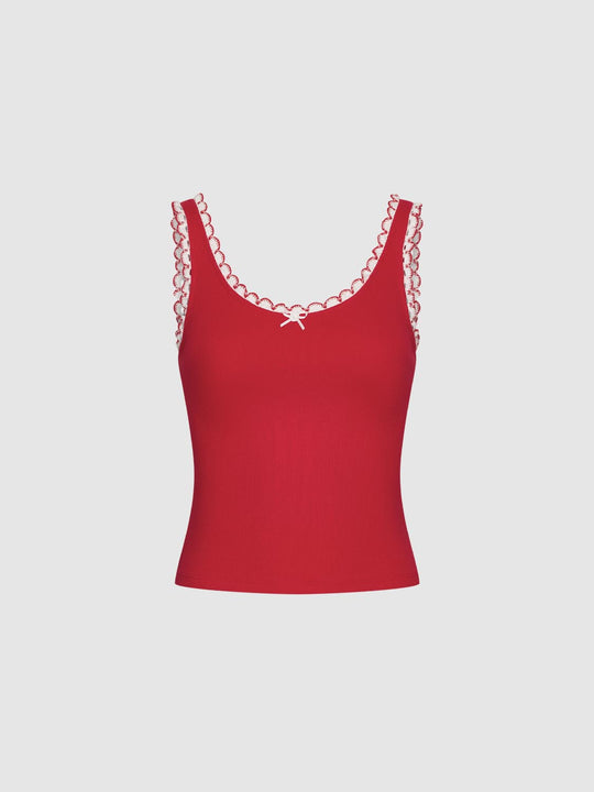 Ribbed Cotton Tank Top With Scalloped Trim