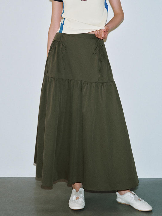 Bow Detail Shirring A-Line Midi Skirts
