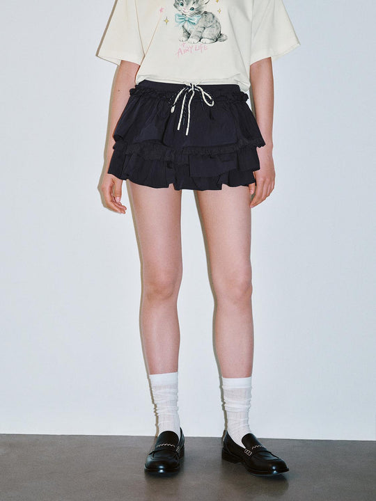 Cotton Blend Tiered Pleated Drawstring Mini Skirts