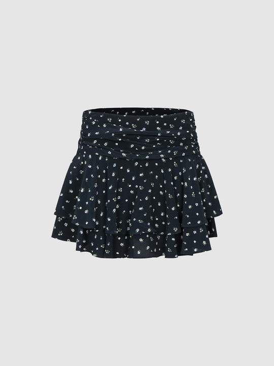 Floral Viscose Wrap Skirt With Ruffle Layers