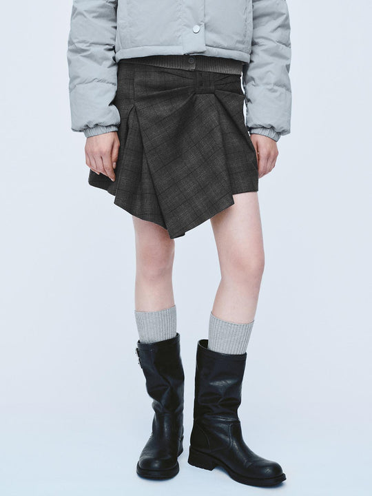 Asymmetric Checked Ribbed Waist A-Line Mini Skirt