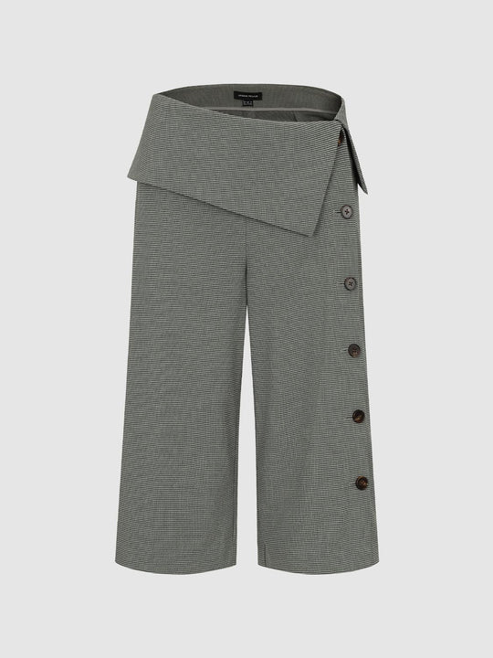 Checked Wrap Front Wide-leg Button Details Pants