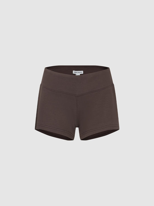 Solid High-waisted Curved Seam Stretch Shorts