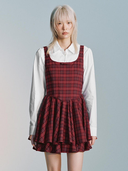 Strappy Check Pleated A-line Mini Dresses