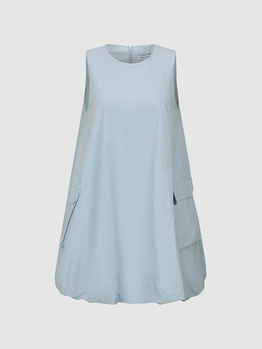 Crew Neck Flap Pocket Sleeveless Balloon Hem A-Line Mini Dresses