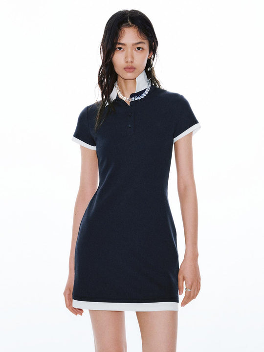 Contrast Trim Polo Neck A-Line Midi Dresses