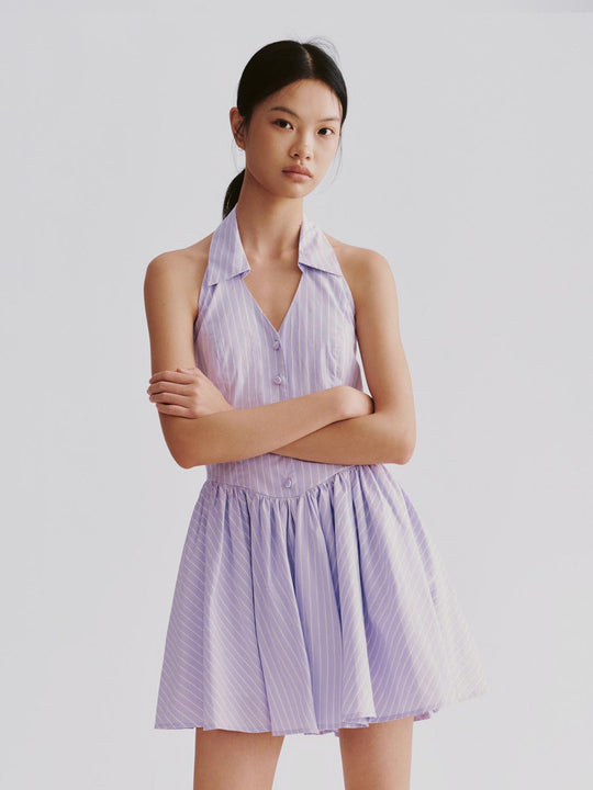 Halter Neck Open Back Striped A-Line Mini Dresses