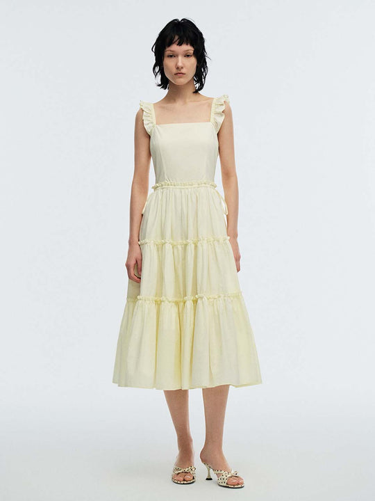 Ruffle Detail Shirred A-Line Midi Dresses