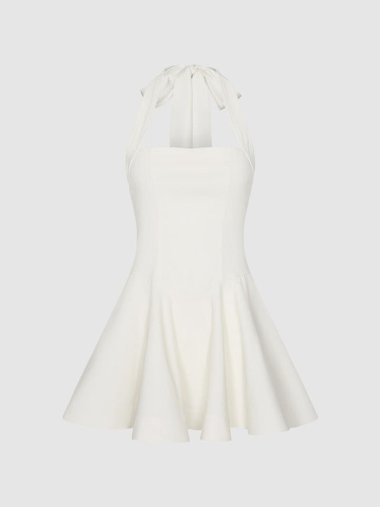 White Satin Halter Neck Nipped-Waist A-Line Midi Dresses