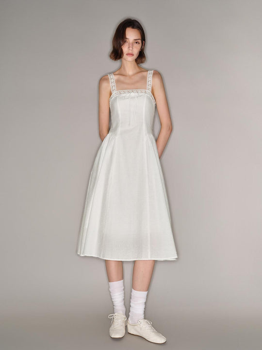 Cotton Lace-Trim Straps Neckline Front Tie A-Line Silhouette Dress
