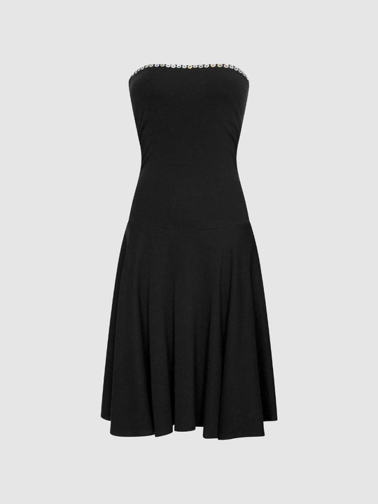 Beaded Trim A-line Cotton Lyocell Blend Dress