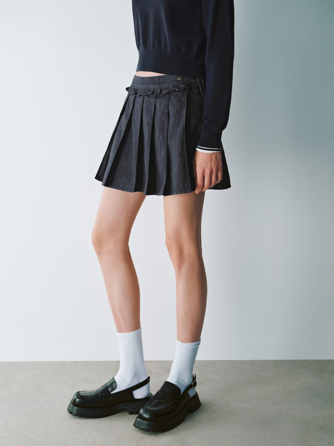 Pleated Mini Denim Skirt