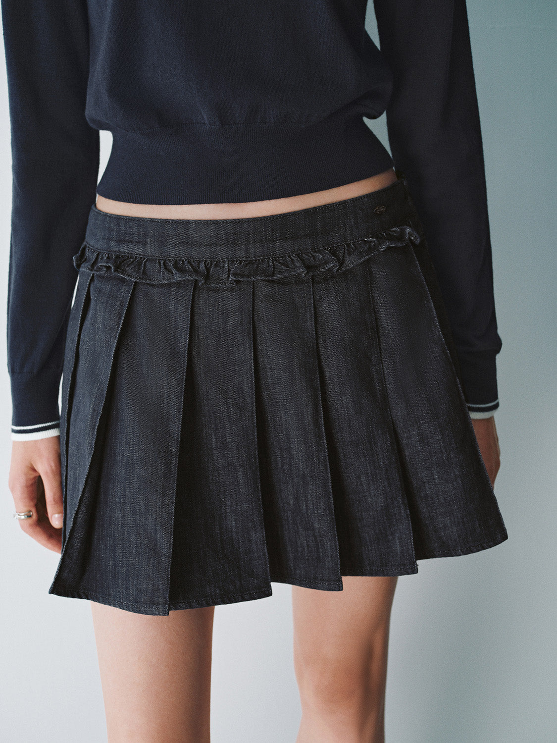 Pleated Mini Denim Skirt