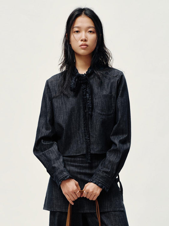 Tie Ruffle Scarf Neck Cotton-Blend Denim Shirt