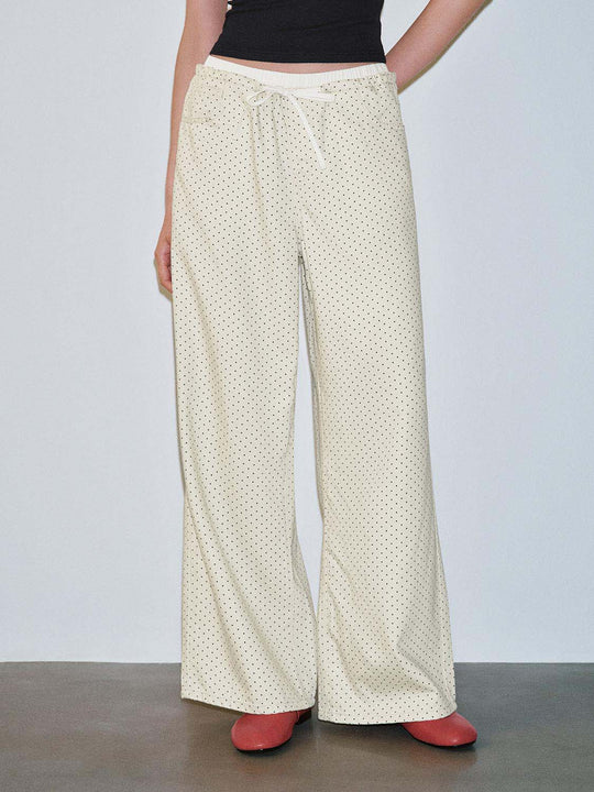 Drawstring Pull On Polka Dotted Wide Leg Jeans
