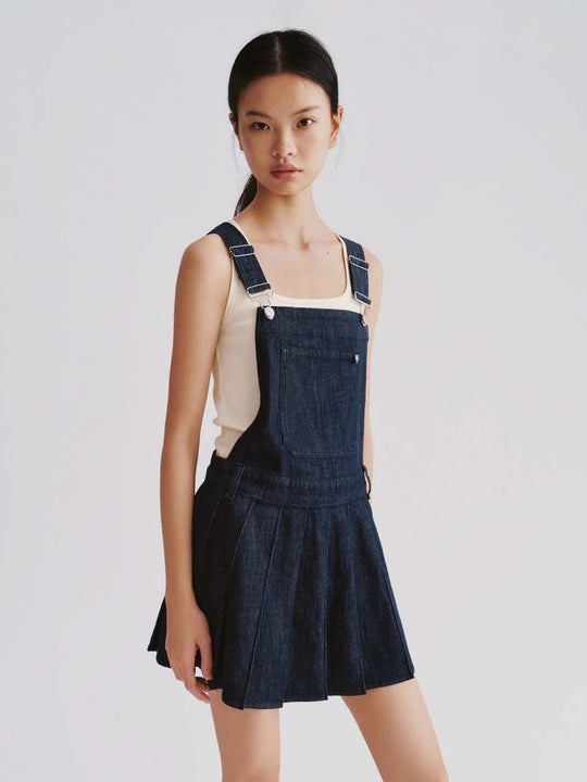 Denim Pleated Mini Pinafore Dresses