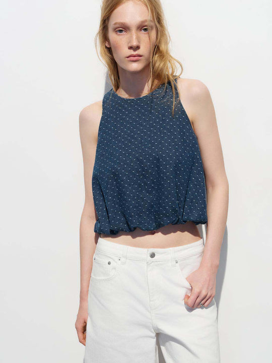 Cotton Dotted Relaxed Slight Stretch Sleeveless Denim Shirts