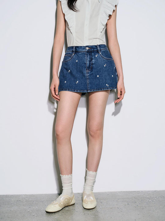 Cotton Denim Embroidered Floral Mini Skirt