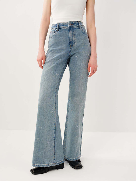 Cotton Embroidered Motifs Along Leg With Subtle Silver Threading Wide Leg Double Stitched Jeans