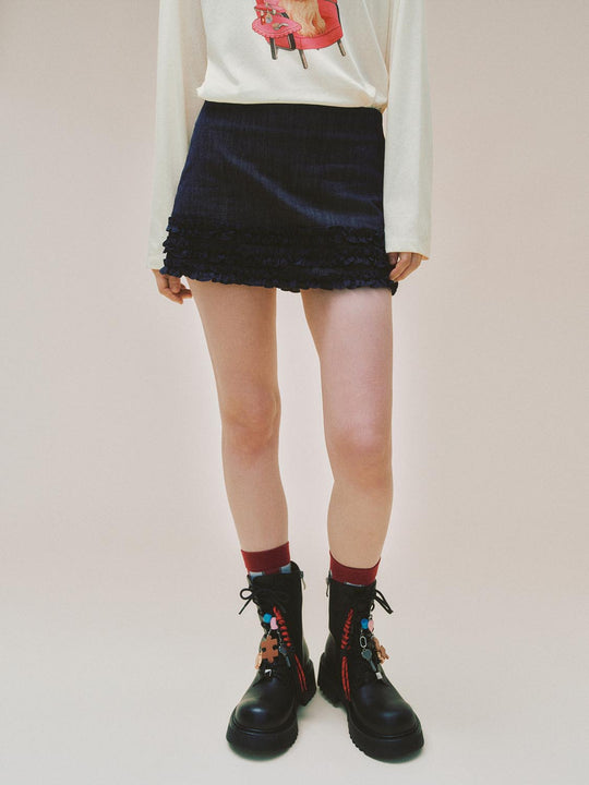 Ruffled Hem A-Line Mini Cotton Denim Skirt
