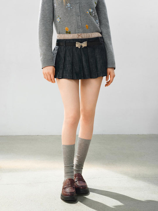 Pleated Cotton Denim Skirt With Bow Belt
