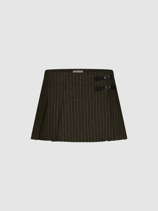 Striped Pleated Buckle Cotton Blend Skirt