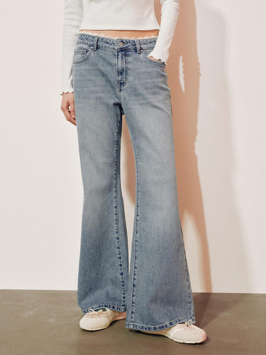Lace Trim Mid-rise Cotton Blend Flare Jeans