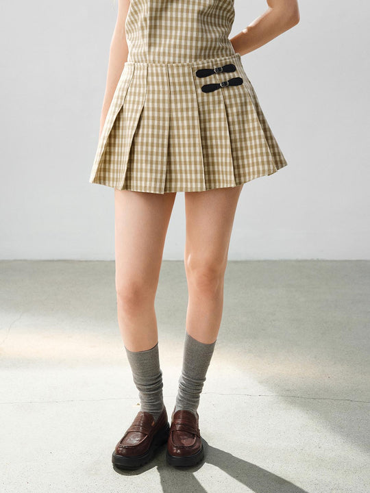 Checked Pleated Buckle Mid-rise Mini Cotton Skirt