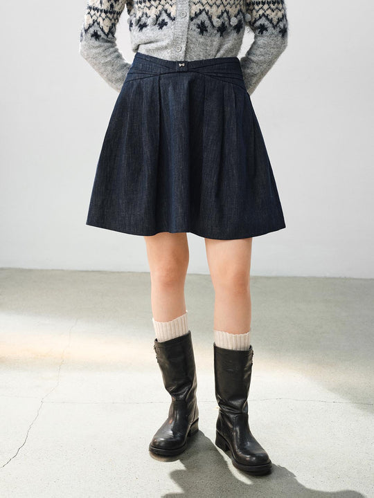 Pleated High-waisted Wrap Cotton Blend Denim Midi Skirt