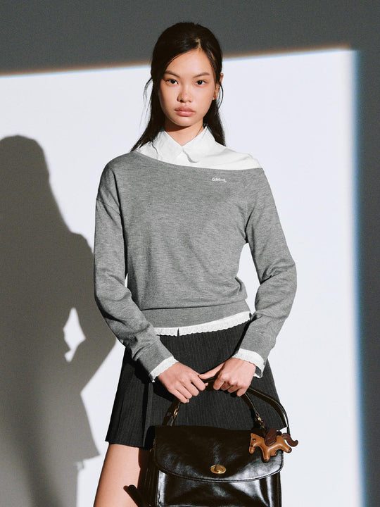 Boat Neck Long Sleeve Knitted T-Shirts