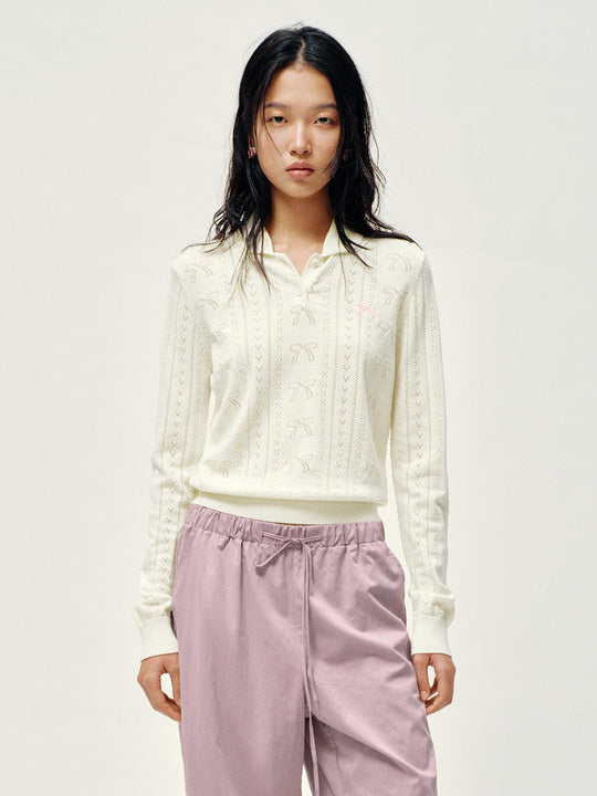 Polo Neck Bow Detail Long Sleeve Knitted T-Shirts
