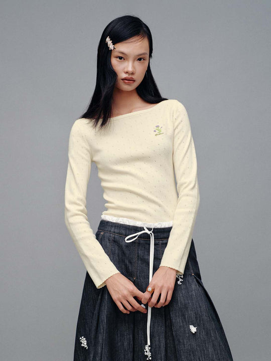 Boat Neck Skinny Fit Long Sleeve Knitted T-Shirts