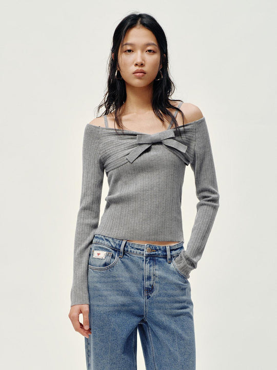 Bow Detail Off Shoulder Long Sleeve Knitted T-Shirts