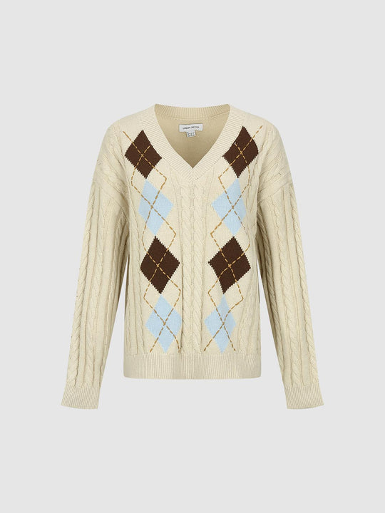 Cable Knit Crew Neck Long Sleeve Cotton Blend Sweater