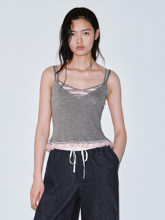 2 In 1 Sleeveless Ruffle Trim Knitted T-Shirts