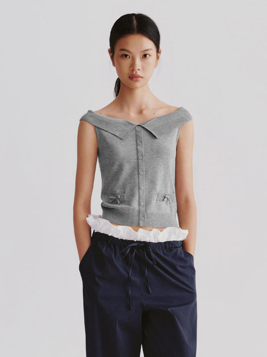 Cotton Knit Boat Neck Button Detail Sleeveless T-Shirts