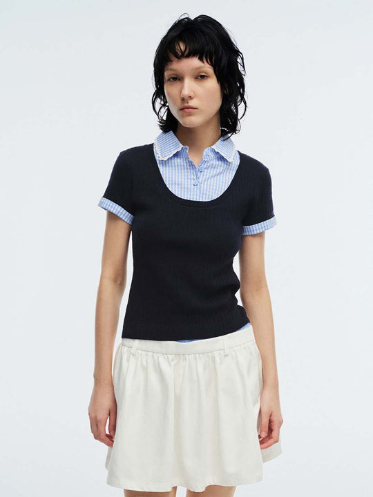 2 In 1 Contrast Check Skinny-Fit Knitted T-Shirts