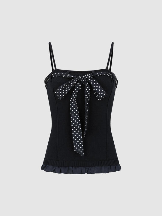 Polka Dot Ribbon Bow Knitted Ruffle Trim Tank Tops
