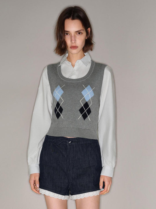 Argyle Knit Cotton Textured Ribbed Hem Vest