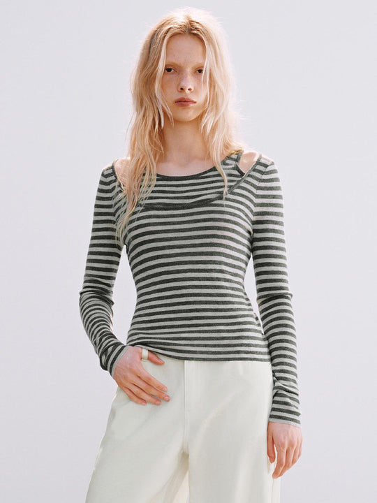 Striped Knit Cold Shoulder Long Sleeve T-shirt