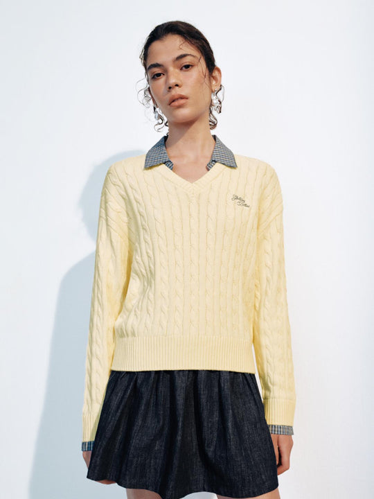 Cable Knit Checked Collar Long Sleeve Cotton Sweater
