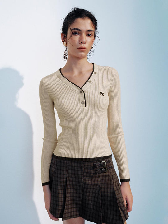 Ribbed Button Placket Bow V-neck Knit Long Sleeve T-shirt